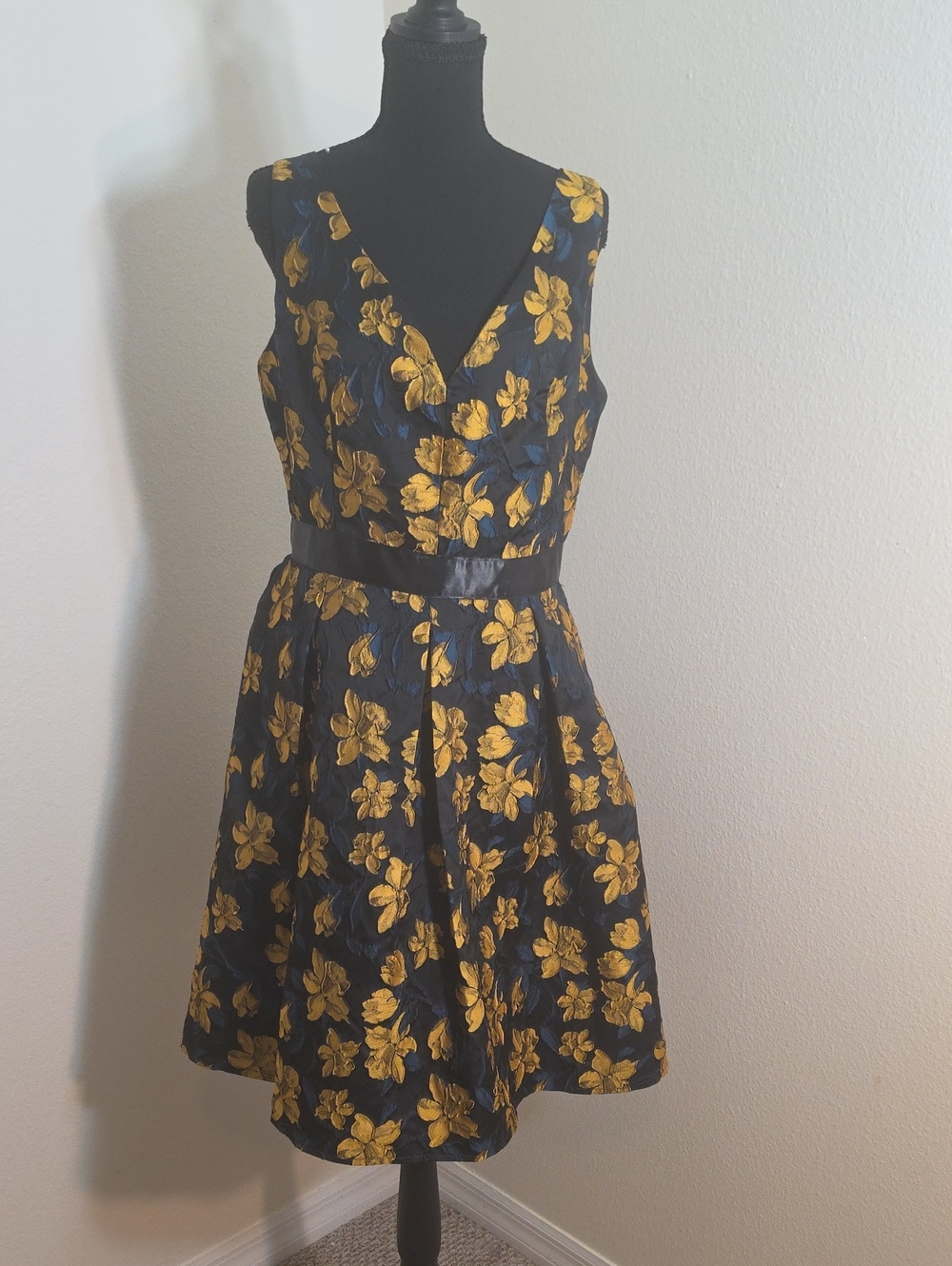 Sleeveless Black Dress with Navy Blur And Gold Floral Jacquard